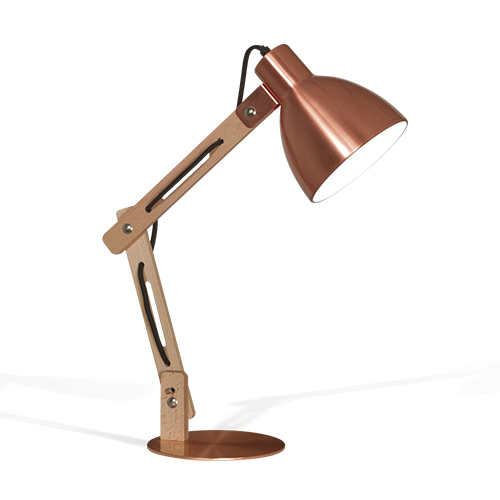 Lamp. escritorio madera y chapa cobre c/cable tex. E27