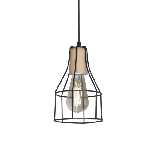 Colgante jaula botella mini 1 luz E27 diámetro 13cm negro con madera