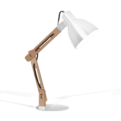 Lamp. escritorio madera y chapa blanca c/cable tex. E27