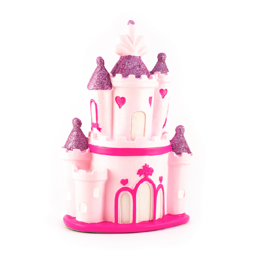 Velador castillo rosa de poliserina con adapt de USB a 220 15,5x11,24,3cm