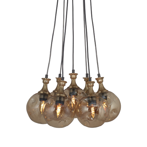 Colgante de vidrio ambar y metal dorado 7xE27 45cm