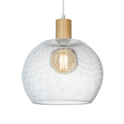 Colgante de 1 luz E27 con madera y rejilla diámetro 30cm blanco