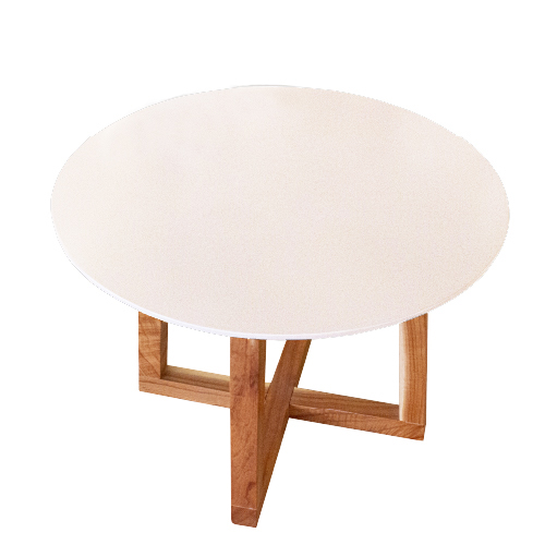 Mesa Redonda tapa fibrolaqueada blanca patas cruzadas madera paraíso diámetro 70