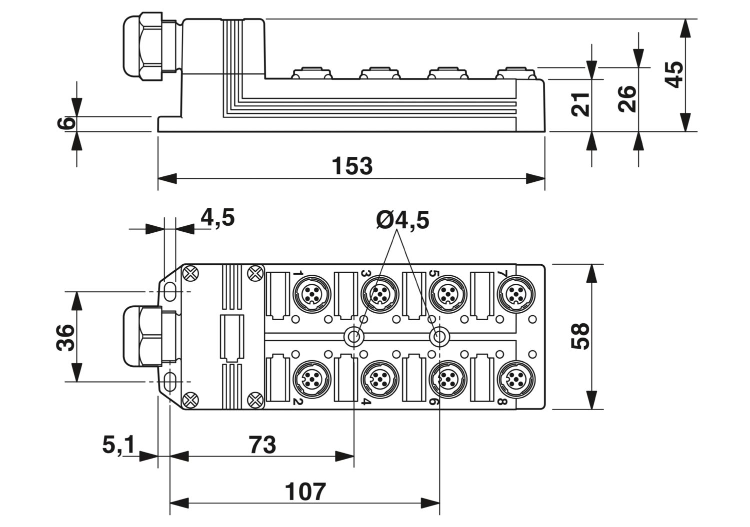 CAJA DISTRIBUIDORA CONECTOR M12 8 CONEX. 5 POLOS SACB-8/16-L-C-SCO